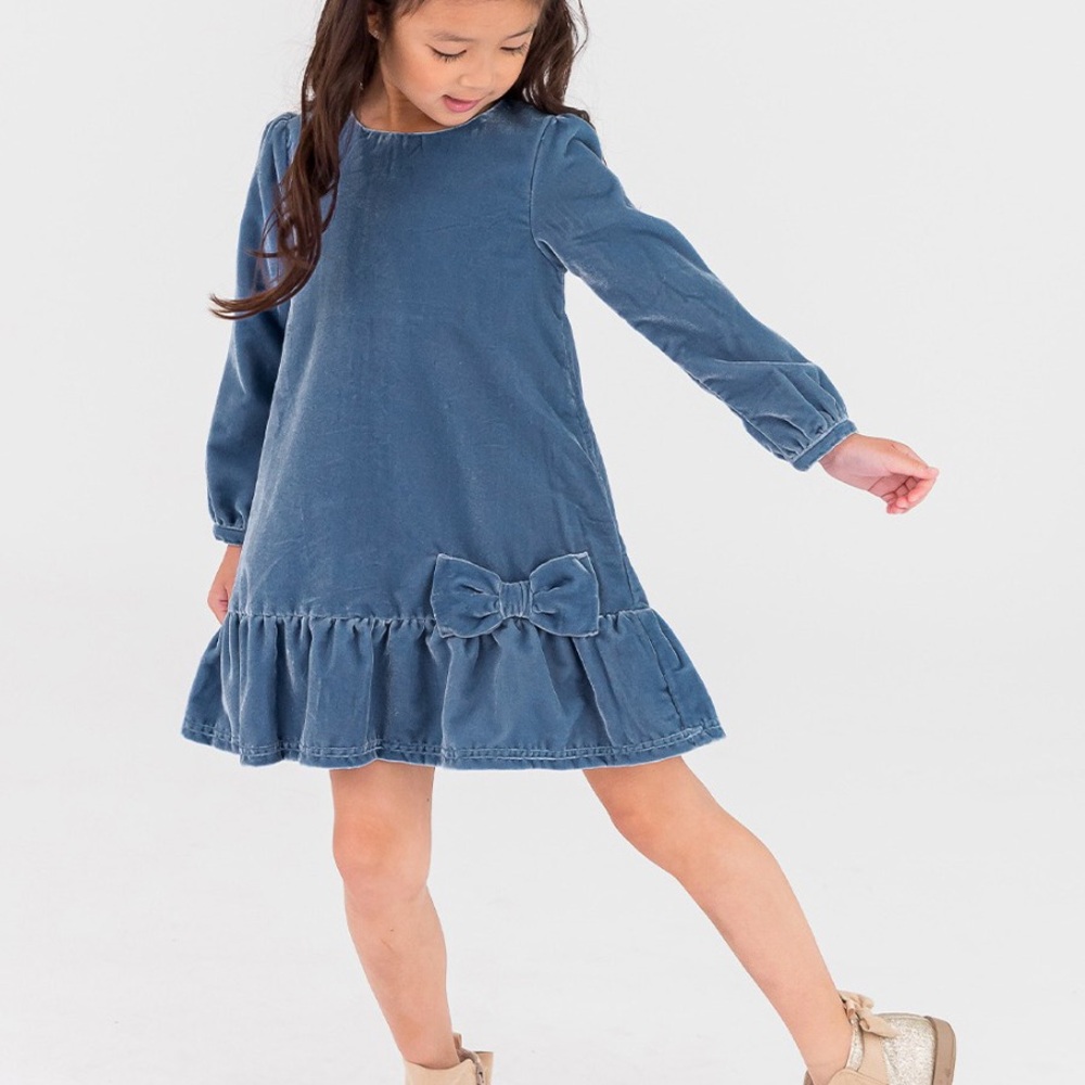 RuffleButts Velvet Blue Kids Dress with Bow Detail